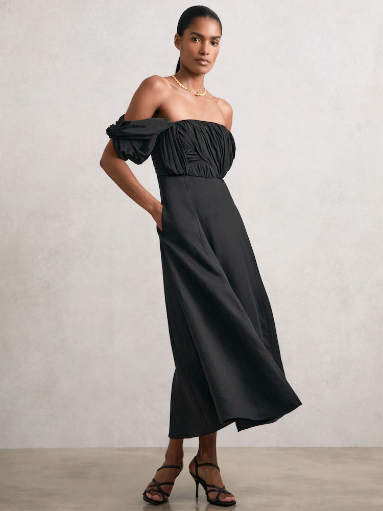 Reiss Black Frankie Bardot Sculpted Bodice Midi Dress With Linen - Image 1 of 5