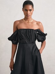 Reiss Black Frankie Bardot Sculpted Bodice Midi Dress With Linen - Image 3 of 5
