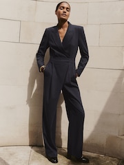 Reiss Navy Rhoda Pinstripe Tailored Jumpsuit - Image 1 of 6