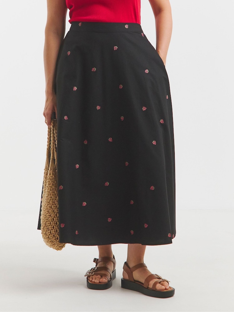 Simply Be Black Embroidered 100% Cotton Poplin Full Midaxi Skirt - Image 1 of 5