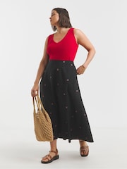 Simply Be Black Embroidered 100% Cotton Poplin Full Midaxi Skirt - Image 4 of 5