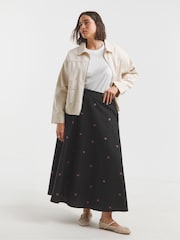 Simply Be Black Embroidered 100% Cotton Poplin Full Midaxi Skirt - Image 5 of 5