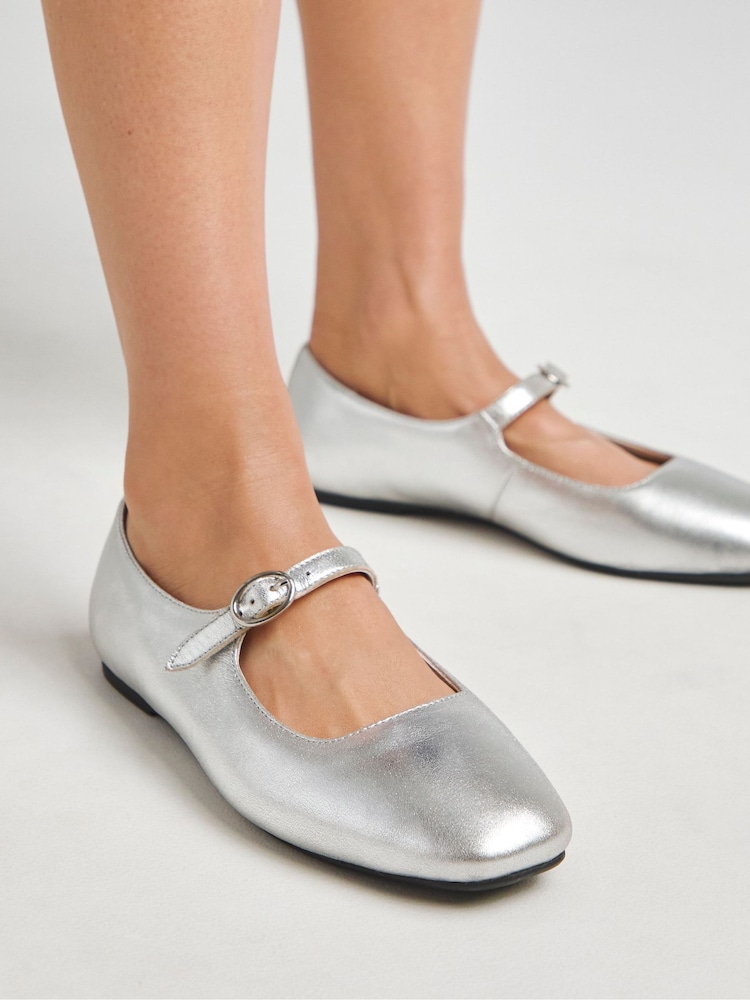 JD Williams Silver Wide Fit Mary Jane Flat Shoes - Image 4 of 4