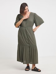 Simply Be Green Crinkle Ladder Trim Midi Smock Dress - Image 1 of 4