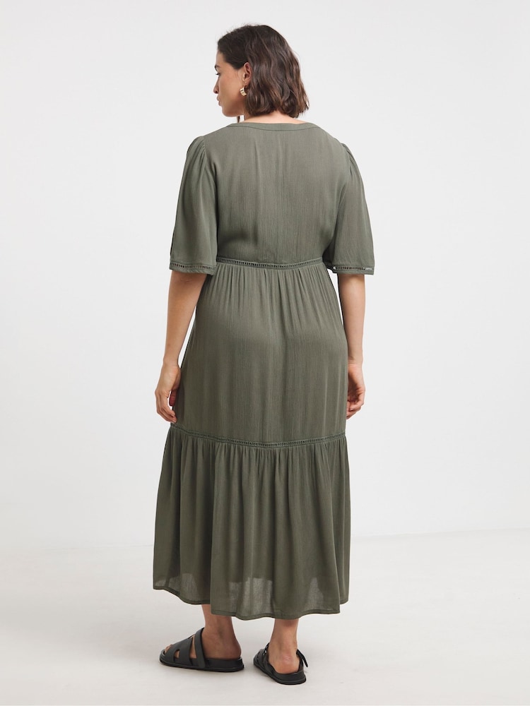 Simply Be Green Crinkle Ladder Trim Midi Smock Dress - Image 2 of 4