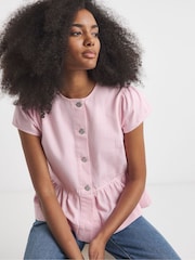 Simply Be Pink Tie Back Denim Peplum Top - Image 1 of 4
