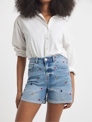 Simply Be Blue Mom Fruit Salad Embroidered Roll Hem Denim Shorts - Image 1 of 4