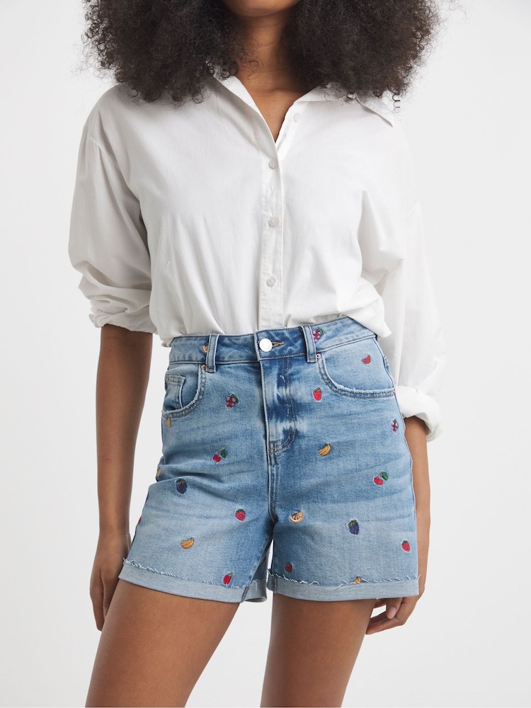 Simply Be Blue Mom Fruit Salad Embroidered Roll Hem Denim Shorts - Image 1 of 4