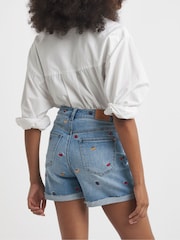 Simply Be Blue Mom Fruit Salad Embroidered Roll Hem Denim Shorts - Image 2 of 4