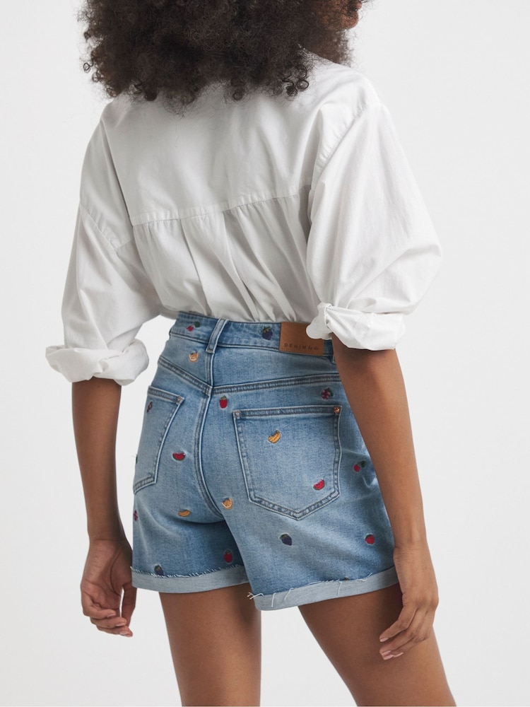 Simply Be Blue Mom Fruit Salad Embroidered Roll Hem Denim Shorts - Image 2 of 4