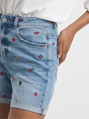 Simply Be Blue Mom Fruit Salad Embroidered Roll Hem Denim Shorts - Image 3 of 4