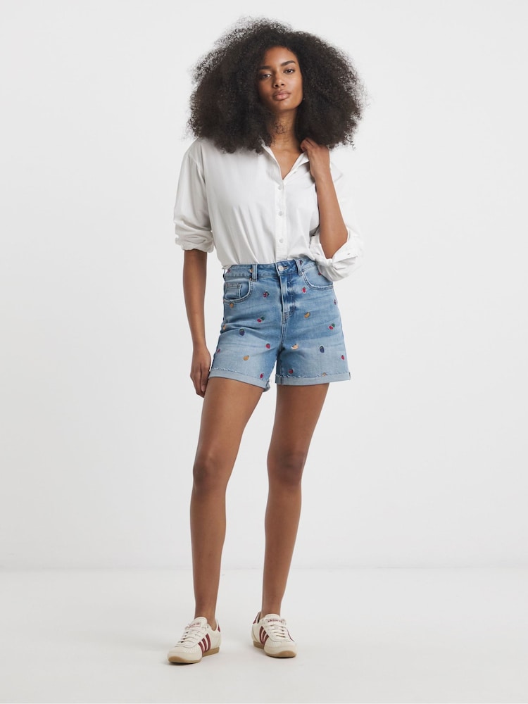 Simply Be Blue Mom Fruit Salad Embroidered Roll Hem Denim Shorts - Image 4 of 4