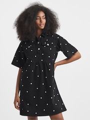 Simply Be Black Mono Embroidered Spot Denim Mini Dress - Image 1 of 4