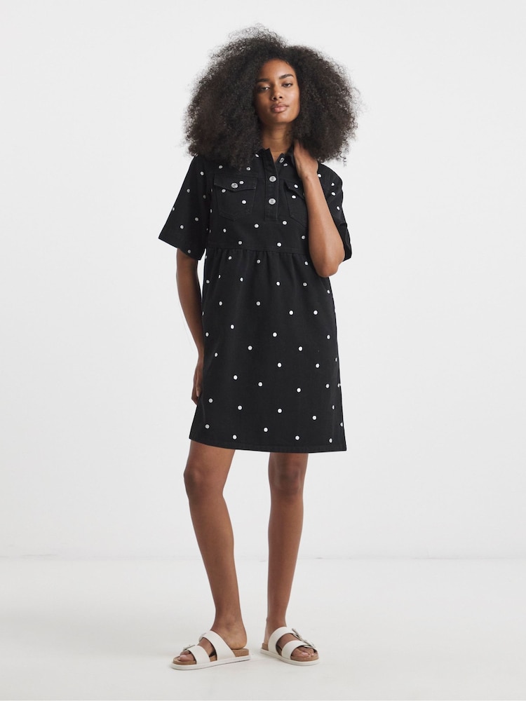 Simply Be Black Mono Embroidered Spot Denim Mini Dress - Image 4 of 4