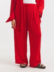 Simply Be Red Wide Fit Tie Waist Crinkle Wide Leg Trousers - Image 1 of 5