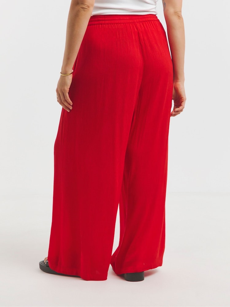 Simply Be Red Wide Fit Tie Waist Crinkle Wide Leg Trousers - Image 2 of 5