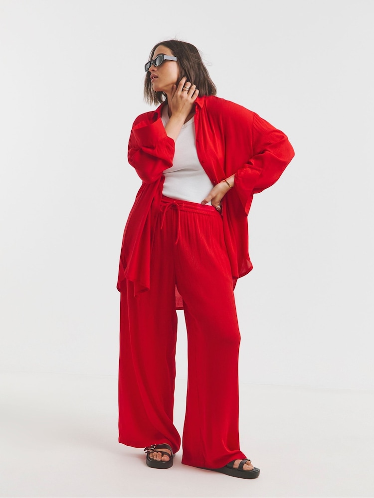 Simply Be Red Wide Fit Tie Waist Crinkle Wide Leg Trousers - Image 5 of 5