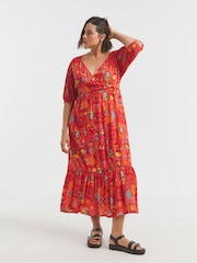 Simply Be Orange Crinkle Wrap Midi Dress - Image 1 of 4