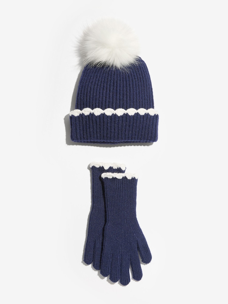 Love & Roses Navy Scallop Trim Ribbed Pom Hat and Gloves Set - Image 2 of 4 Love & Roses Navy Scallop Trim Ribbed Pom Hat and Gloves Set - Image 2 of 4