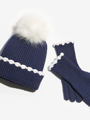 Love & Roses Navy Scallop Trim Ribbed Pom Hat and Gloves Set - Image 3 of 4