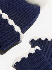 Love & Roses Navy Scallop Trim Ribbed Pom Hat and Gloves Set - Image 4 of 4