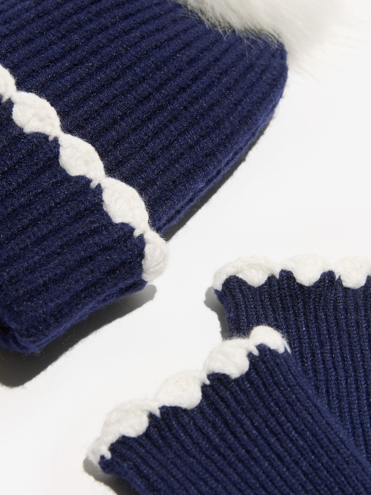 Love & Roses Navy Scallop Trim Ribbed Pom Hat and Gloves Set - Image 4 of 4 Love & Roses Navy Scallop Trim Ribbed Pom Hat and Gloves Set - Image 4 of 4