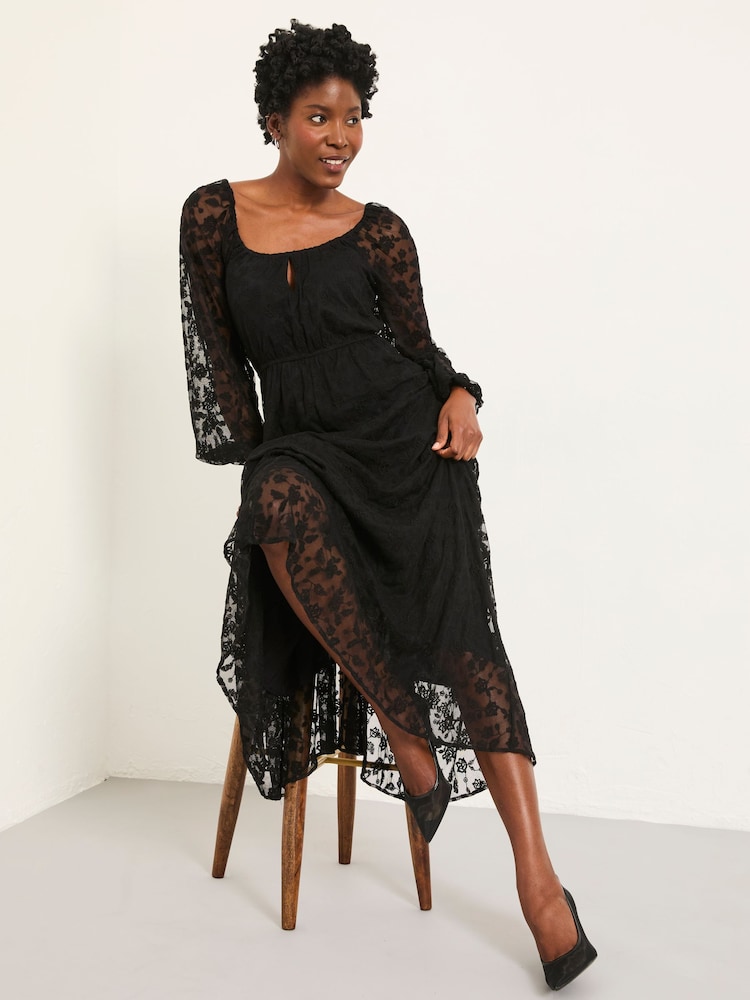 FatFace Maude Black Petite Lace Midi Dress - Image 1 of 6
