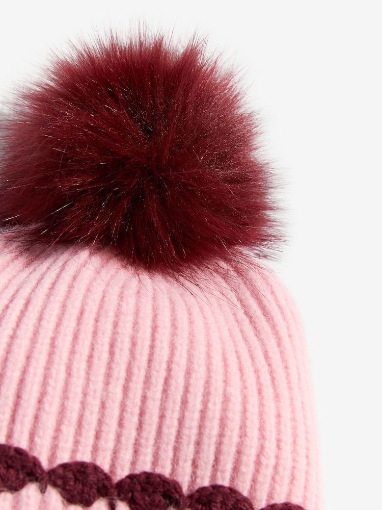 Love & Roses Pink Scallop Trim Ribbed Pom Hat and Gloves Set - Image 5 of 5