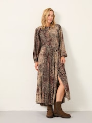 FatFace Jaqs Light Brown Layered Animal Petite Midi Dress - Image 3 of 6
