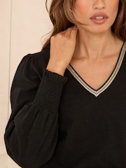 Love & Roses Black Embroided Trim Long Sleeve Jersey Top - Image 2 of 4