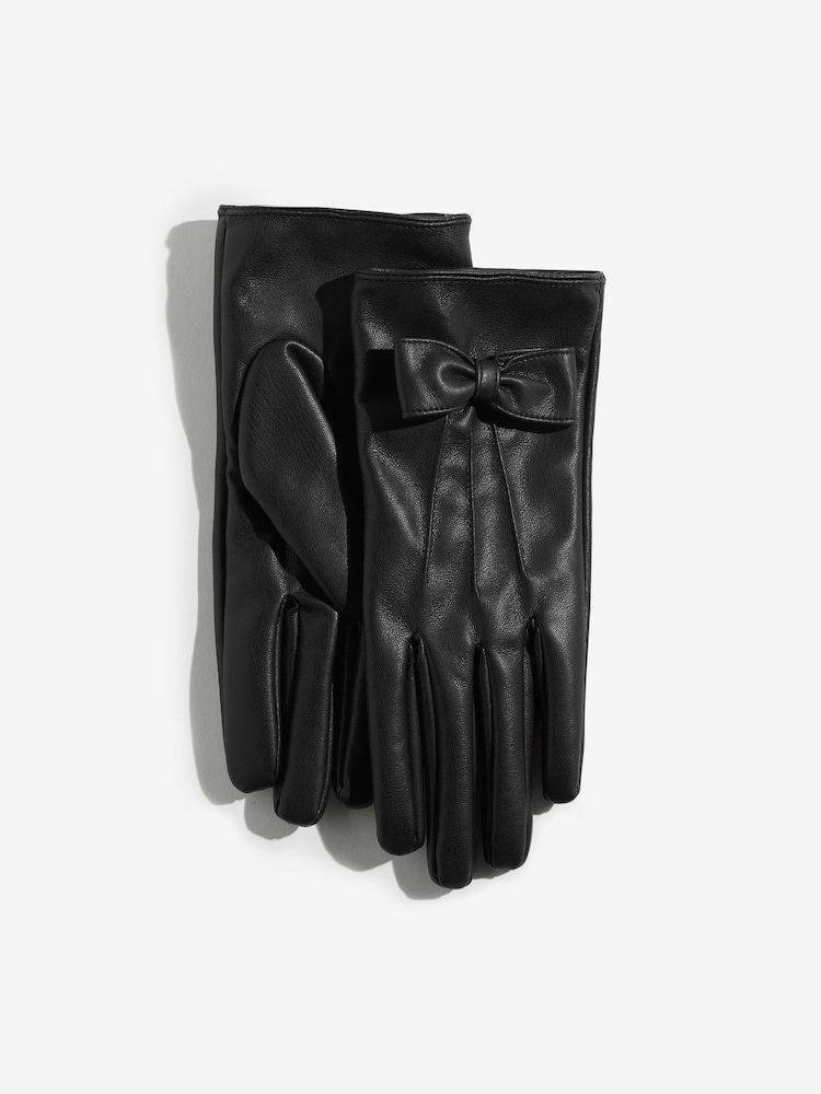 Love & Roses Black Leather Look Bow Trim Gloves - Image 5 of 5