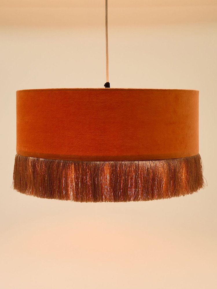 Oliver Bonas Terracotta Ero Velvet & Tassel Drum Pendant Lampshade - Image 2 of 6