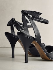 أسود - Signature Premium Leather Studded Bow Heeled Sandals - صورة 3 من 5