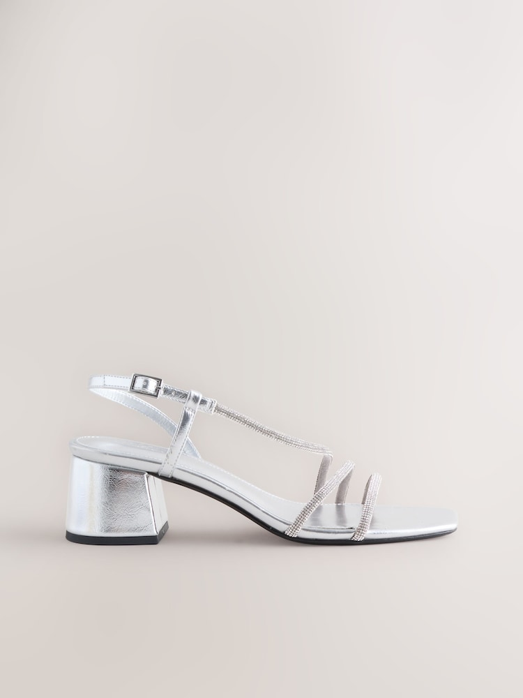 Silver Forever Comfort Square Toe Jewelled Strappy Block Heeled Sandals - Image 1 of 10