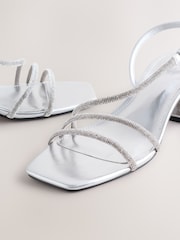 Silver Forever Comfort Square Toe Jewelled Strappy Block Heeled Sandals - Image 9 of 10