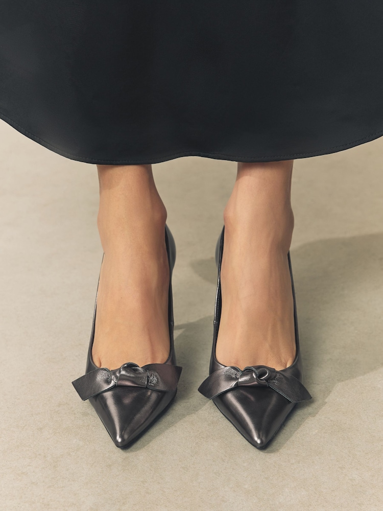 Pewter Forever Comfort® Bow Detail Leather Mid Court Shoes - Image 2 of 11 Pewter Forever Comfort® Bow Detail Leather Mid Court Shoes - Image 2 of 11