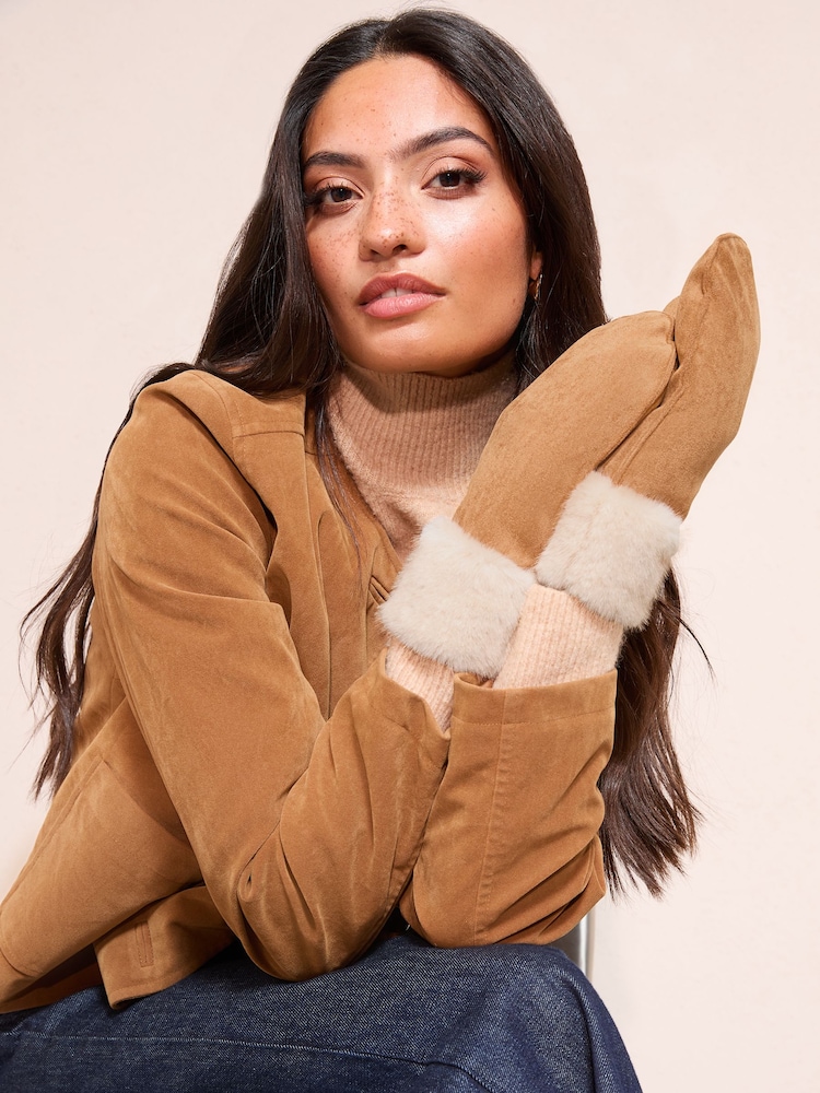 Friends Like These Tan Brown Cosy Faux Suede and Fur Mittens Gloves - Image 2 of 2 Friends Like These Tan Brown Cosy Faux Suede and Fur Mittens Gloves - Image 2 of 2