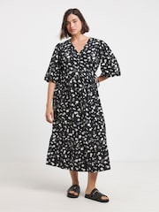 Simply Be Black Puff Sleeve Woven Wrap Midi Dress - Image 1 of 4
