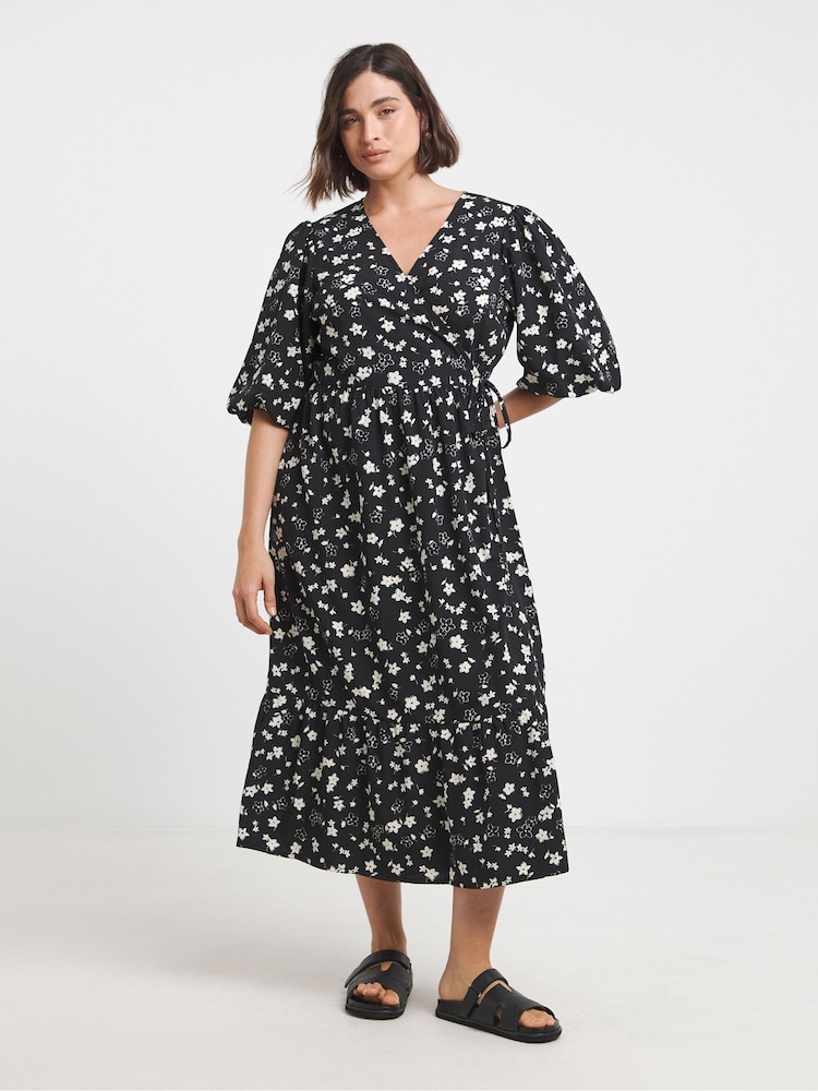 Simply Be Black Puff Sleeve Woven Wrap Midi Dress - Image 1 of 4