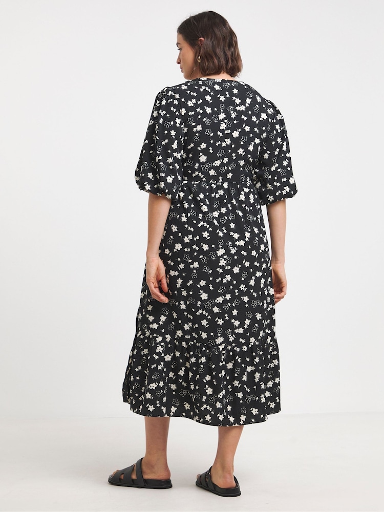 Simply Be Black Puff Sleeve Woven Wrap Midi Dress - Image 2 of 4