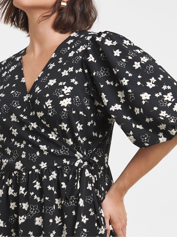 Simply Be Black Puff Sleeve Woven Wrap Midi Dress - Image 4 of 4