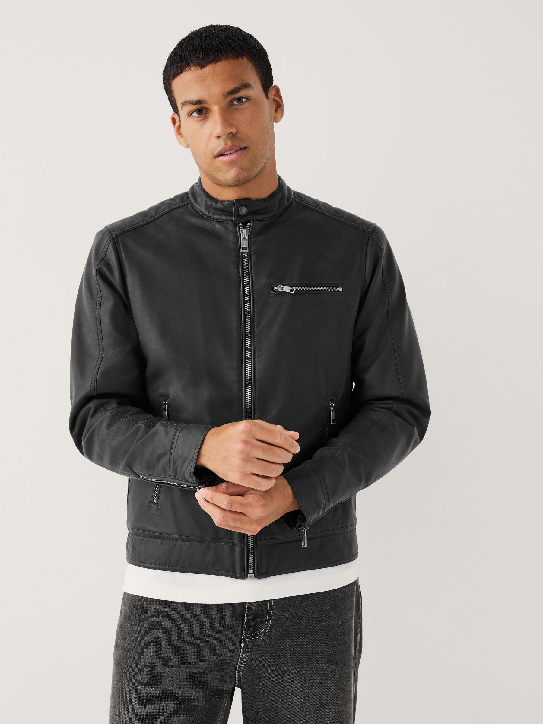 Black Borg Lined Faux Leather Biker Jacket