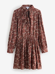 Rust Brown Tie Neck Printed Dress - Image 1 of 1