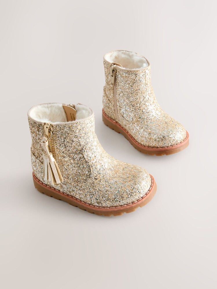 Gold Glitter Standard Fit (F) Chelsea Zip Tassel Ankle Boots - Image 1 of 5