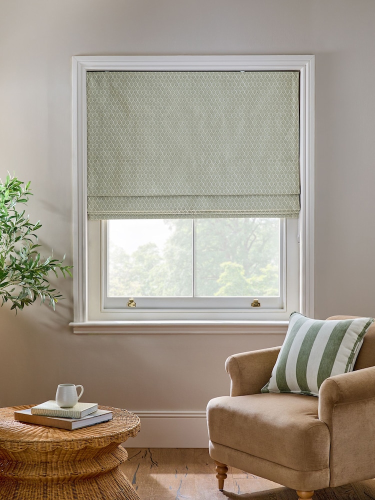 Green Ready Made Blackout/Thermal Mini Leaf Jacquard Roman Blinds - Image 1 of 8
