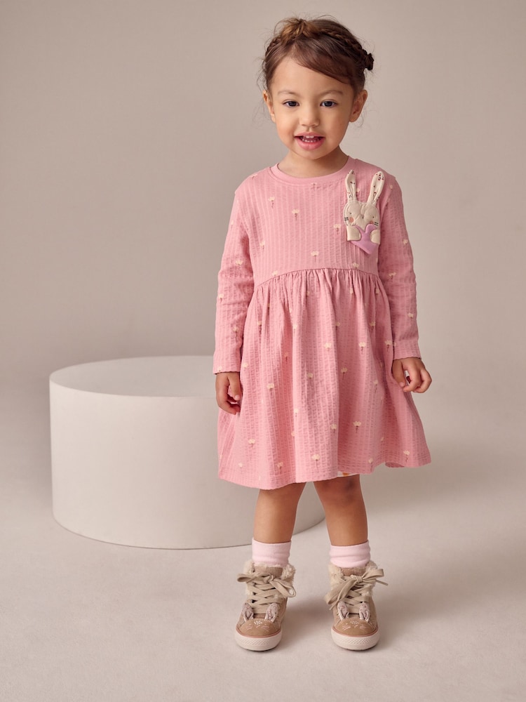 Pink Bunny Long Sleeve Embellished Dress (3mths-7yrs) - Image 1 of 4 Pink Bunny Long Sleeve Embellished Dress (3mths-7yrs) - Image 1 of 4