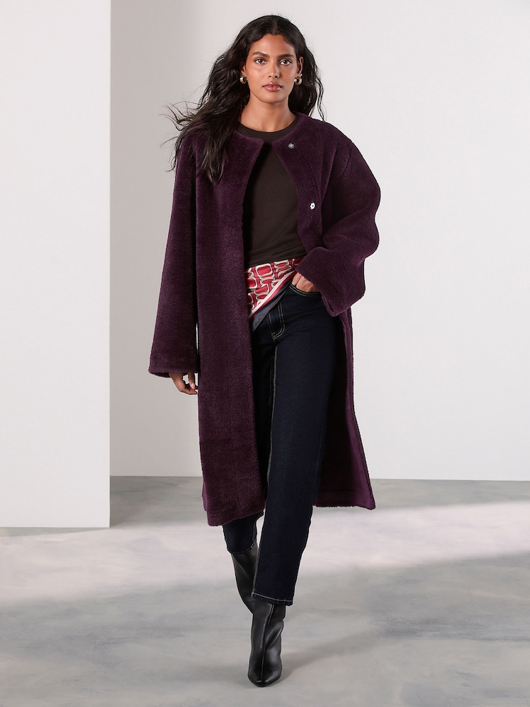 Burgundy Red Faux Fur Collarless Coat - Image 1 of 7