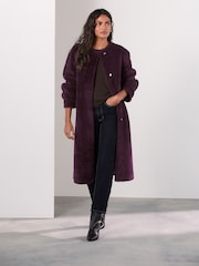Burgundy Red Faux Fur Collarless Coat - Image 2 of 7