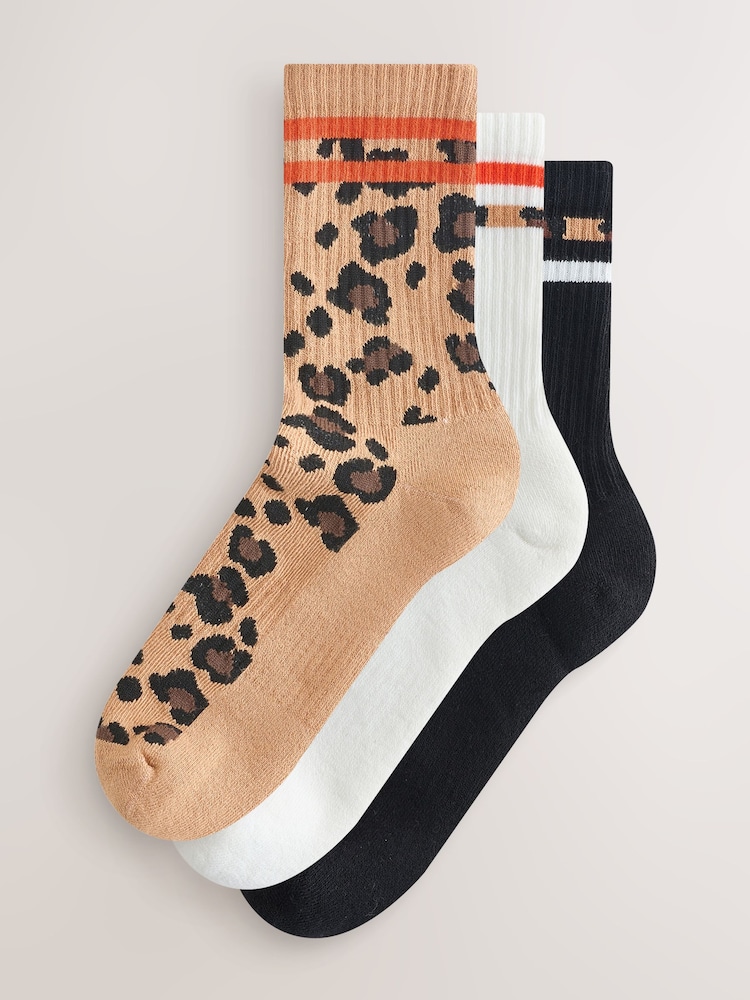 Animal/Orange Cushion Sole Ribbed Sport Ankle Socks With Arch Support 3 Pack - Image 1 of 6