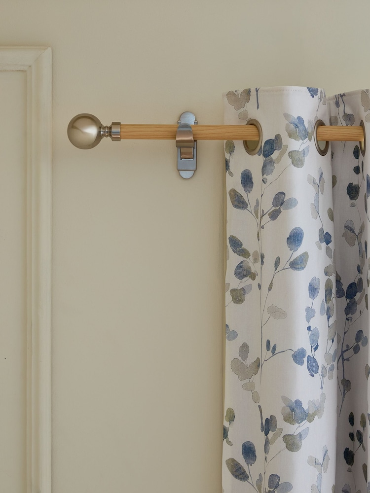 Light Natural/Brushed Silver Wood Effect Klick Fit Ball Finial 28mm Curtains Pole Kit - Image 1 of 4
